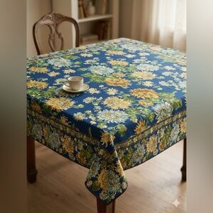 April Cornell Floral Square Tablecloth 100% Cotton - Navy & Gold Chrysanthemum